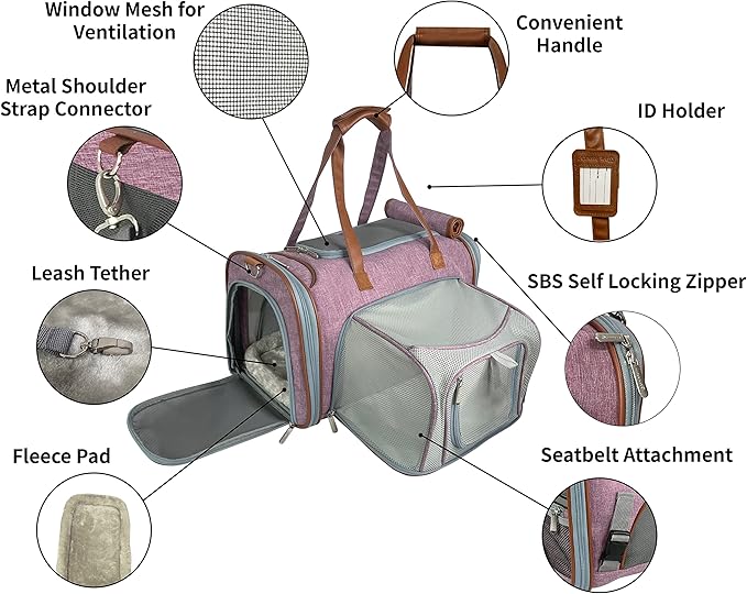 Mr. Peanut's Gold Series Big Apple XL Expandable Airline Capable Soft Sided Pet Carrier, Premium Brand Self Locking Zippers, Plush Faux Fleece Bedding with a Sturdy Plywood Base (Purple)