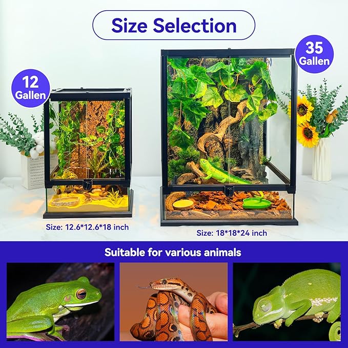 Full Glass Panoramic Vivarium for Crested Gecko Tank, Snake Enclosure, Reptile Cage with Front Door, Enhanced Ventilation & Concealed Wiring Holes 18" W x 18" x L24 H