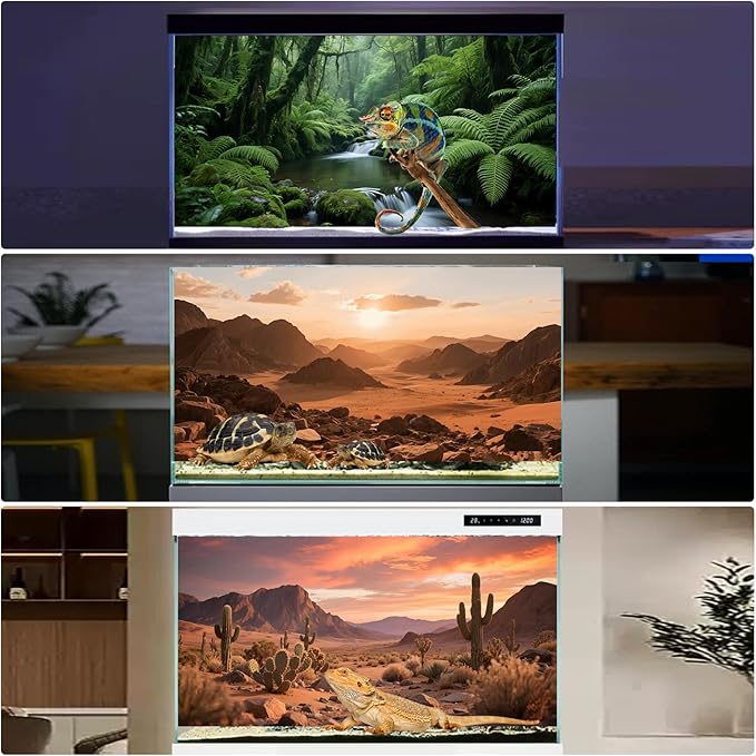 3 Pack Terrarium Background 36x18 inches Polyester Reptile Background,Gobi Sunshine Cactus Stone & Green Tree Fern Stream Terrarium Background