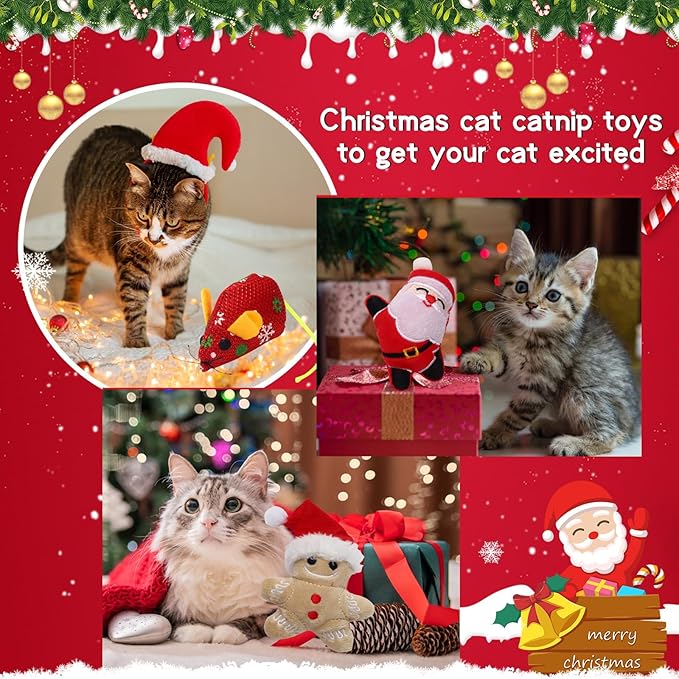 8 Pieces Christmas Cat Toys Catnip Toys Cat Chew Bite Resistant Toys Cat Plush Santa Claus Snowman Tree Toys for Christmas Holiday Cat Lover Gift