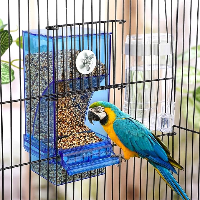 Yaomiao 8 Pcs No Mess Small Bird Feeders with 4 Pcs Cage Perch Automatic Drinker Parakeet Seed Dispenser Quail Feeder and Watered Cage Accessories for Small Birds Parrot Cockatoo Canary(Blue)
