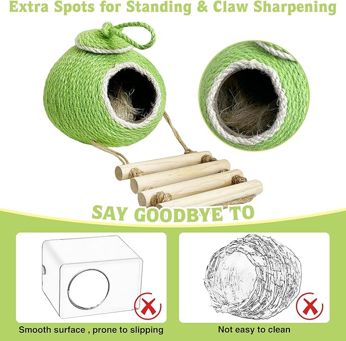 Tfwadmx Coconut Hide with Ladder, Natural Coconut Fiber Hanging Birdhouse Cage, Handmade Sisal Rope & Coconut Bird Shell Breeding Nest for Parrot Parakeet Lovebird Finch Canary (2 Pcs Green)