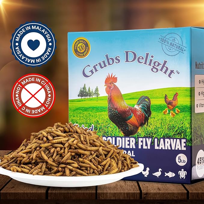5LB Dried Black Soldier Fly Larvae for Chickens – 85x More Calcium Than Mealworms, for Chickens and Birds, 100% Natural Non-GMO Chicken Worms Treats, High Protein & Calcium Poultry Feed