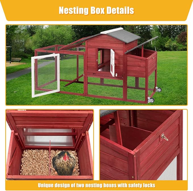 Wooden Chicken Coop Cage Outdoor Indoor Hen House with Nesting Box, Waterproof Roof, Removable Tray for Poultry Pets Enclosure Garden Backyard (RED)