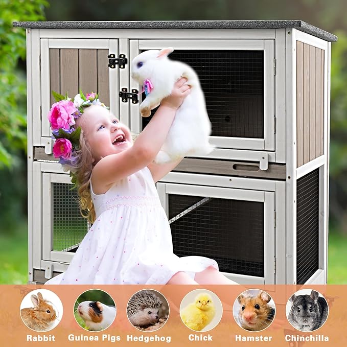 36" L Rabbit Hutch Indoor Wooden 2 Story Bunny Hutch Rabbit Cage Outdoor Bunny Cage on 4 Metal Wheels and 2 Deeper Pull Out Trays, Ramp, Guinea Pig Pet House for Small Animals, Grey