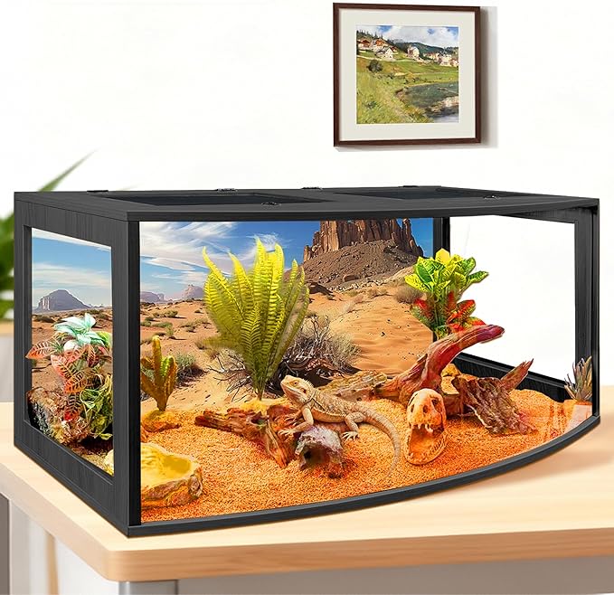 PROLEE Bearded Dragon Tank, Curved Reptile Enclosure with 3-Side Clear Acrylic Panels, Spacious Lizard Tank with Metal Mesh Top and Lockable Door for Reptile Habitat (Black, 40" Length,60 Gallons)