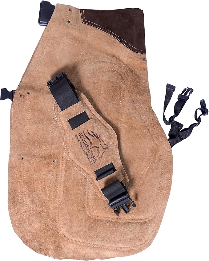 Equine Care Farrier Apron Chaps – Cowhide Suede Leather, Foam Padded Thigh and Back Support, Adjustable Waist, Tool Pockets, Magnetic Nail Holders (23 inches (59 cm))