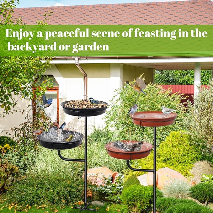 Freestanding Birdbaths Bowl Outdoor, Standing Garden Bird Bath Bird Feeder & Bird Bath Bowl, Detachable Decoration Spa Birdfeeder for Garden Patio Yard Lawn, 4 Spiky Metal Stake (Black)