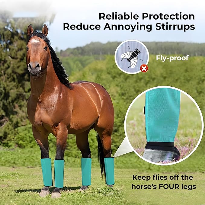 Mesh Horse Fly Boots Set of 4,Adjustable and Universal Loose Fitting & Non-Slip Horse Fly Leggings for Horses,Reduce Stressful Stomping (Green)