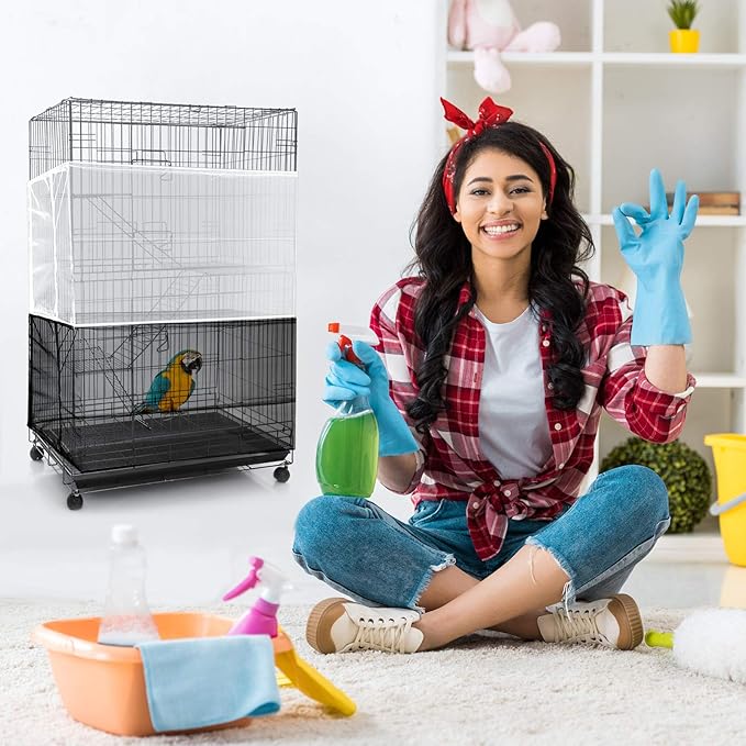 Shappy 2 Pieces Adjustable Bird Cage Seed Catcher Birdcage Cover Nylon Mesh Netting Soft Skirt Guard for Parrot Parakeet Macaw Round Square Cage(118 x 14.6 Inch,White, Black)