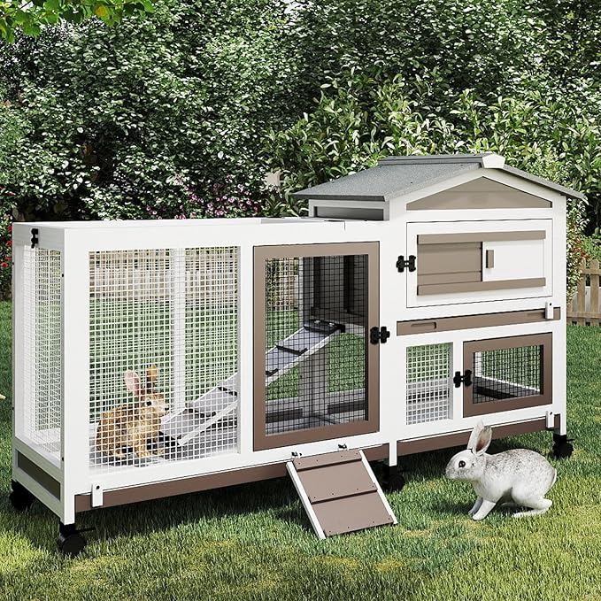 Rabbit Hutch Indoor Outdoor 2 Story Bunny Cage with 3 No Leak Trays,55.31" L Guinea Pig Cages Rabbit Cage with 6 Wheels for Guinea Pig,Rabbit for Rabbit Lover|Pet Lover(White/Grey)