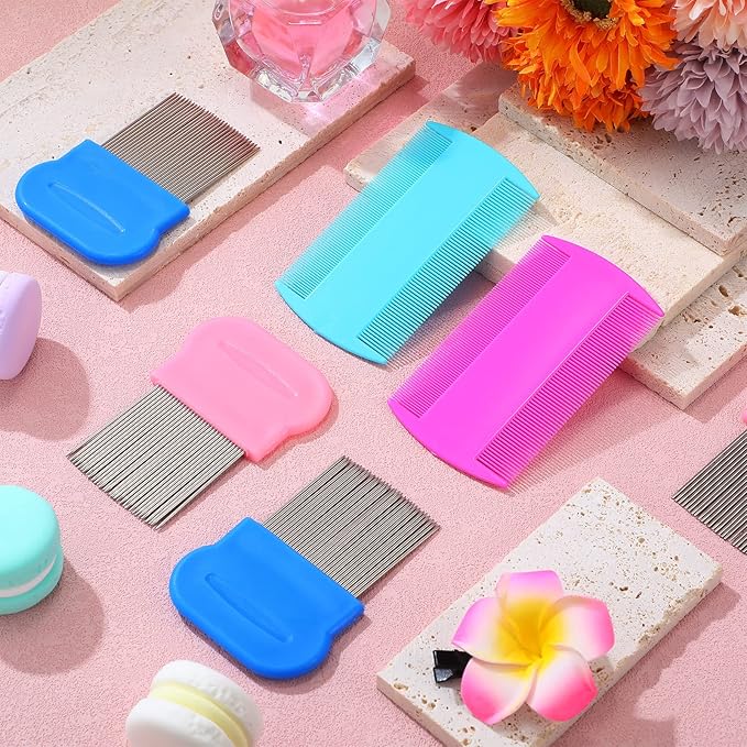 Maitys 8 Pieces Flea Lice Combs Double Sided Lice and Nit Removal Hair Grooming Plastic and Metal Comb for Humans Pets(3.5 x 2 Inch, 3.54 x 1.57 Inch,Pink, Blue)
