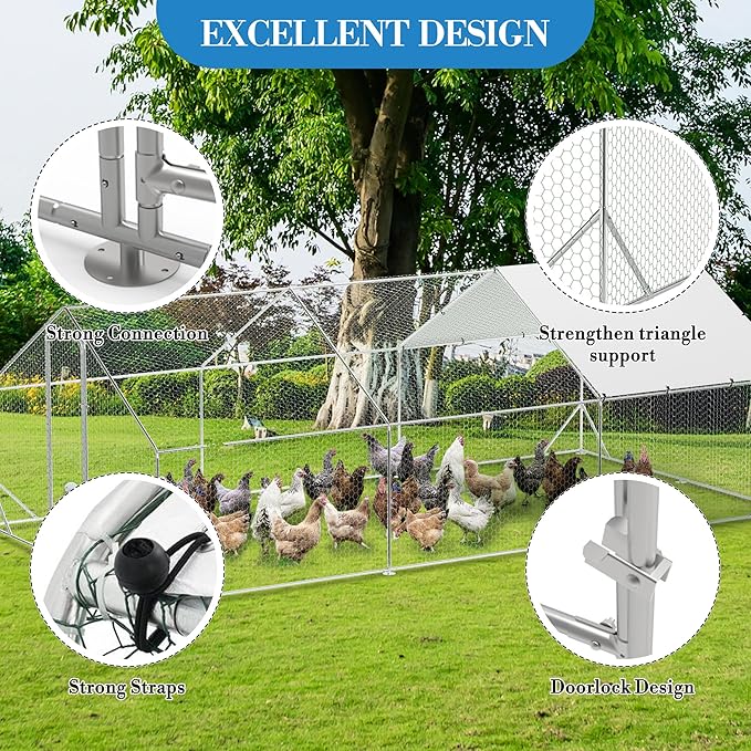 Large Metal Chicken Coop Run,Outdoor Walk-in Cage Peak Hen House with Waterproof and Anti-Uv Cover,Spire Roof Hen House with Security Lock for Outdoor,Backyard and Farm, 9.8 x 19.7 x 6.6 Ft