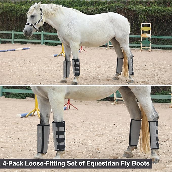 Horse Fly Boots Set of 4 - Non-Slip Leg Guards Extra Tough Mesh Ventilated, Adjustable Horse Fly Leggings Reduce Stomping & Hoof Stress & Leg Fatigue Grey Medium