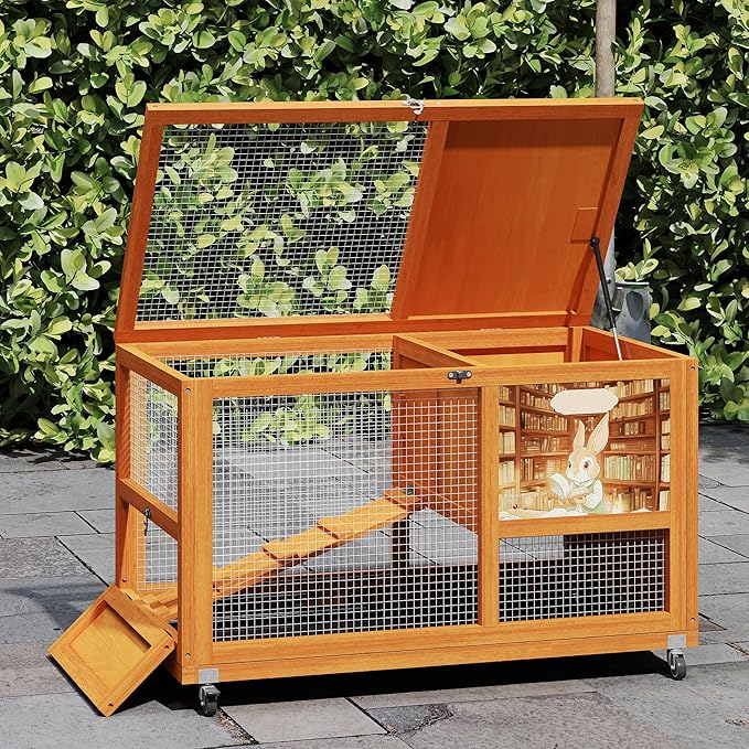 COZIWOW 36.5-Inch Double-Decker Wooden Rabbit Hutch with Wheels, Featuring A Cleaning Tray and Ladder—Stylish and Easy to Assemble(Orange and Pattern)