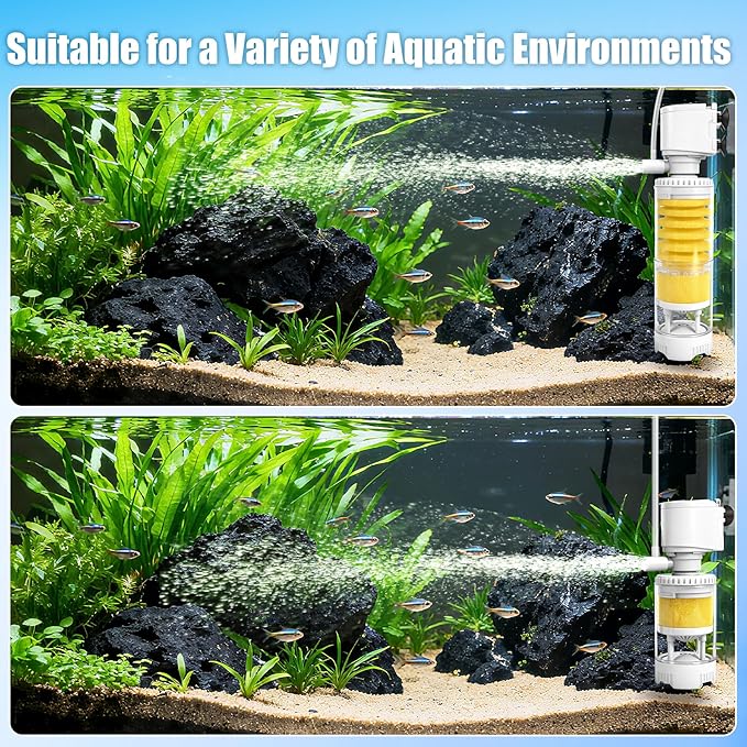 Fish Tank Filters for 10-20 Gallon Tank, 4-in-1 Aquarium Filter with Multi-Layer Filtration, Adjustable Oxygenation & Wavemaker, Impurity Separation