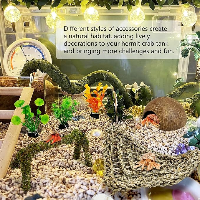 6 PCS Hermit Crab Accessories Set Small Bendable Moss Hermit Crab Climbing Toys Coconut Shell Hut Climbing Hammock with Suction Cup Plastic Plants for Reptile Amphibian