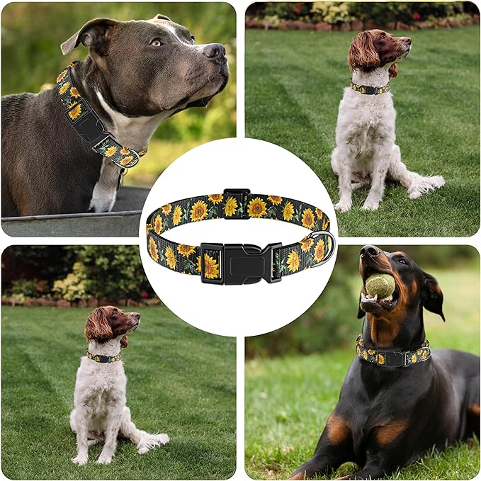 Dog Collar for Boys Girls, Sunflower Puppy Collar for Small Medium Large Dogs, Adjustable Soft Floral Pet Collar with Safety Buckle for Male Females(Black Sunflower,XS)