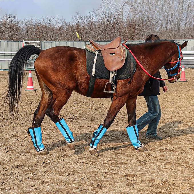 Fly Boots for Horses Set of 4 Leg Wraps Protection, Mesh Horse Fly Leggings Breathable Tendon Boots for Reduces Stomping & Leg Fatigue Sky Blue Large