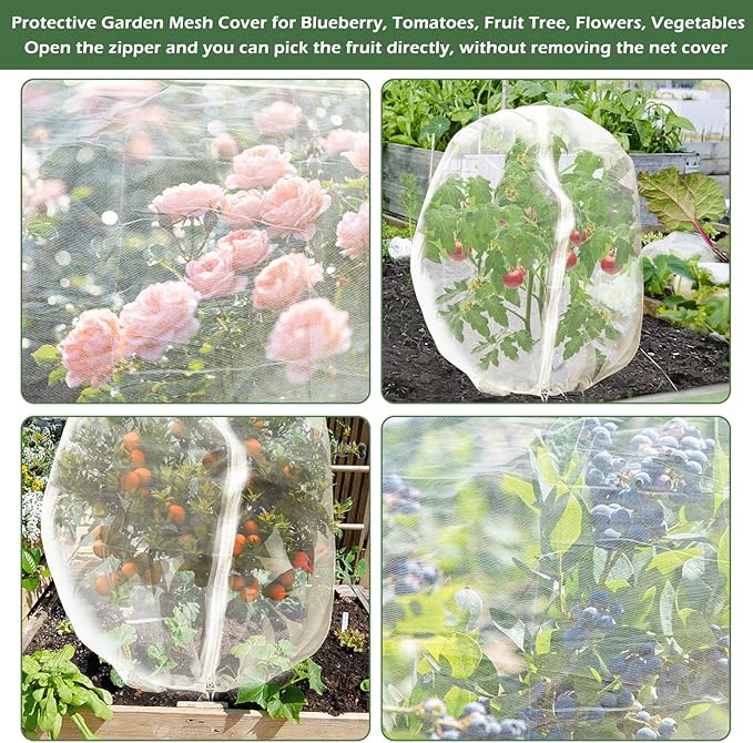 3Pcs Plant Covers from Insects, Bird Netting Barrier for Blueberry Bushes with Drawstring Zipper Mesh Garden Netting Fruit Tree Bags Plants Net Cage for Protect Tomato Vegetable Citrus, 3.3Ć5Ft