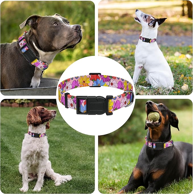Dog Collar, Pink Floral Boys Girls Puppy Collar for Small Medium Large Dogs, Adjustable Soft Floral Pet Collar with Safety Buckle for Male Females(Pink Floral, XS)