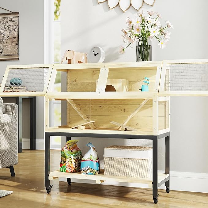 PawHut Hamster Cage with Storage Shelf, Wooden Rat Cage on Wheel, Small Aniaml Cage with Seesaws, Water Bottle, Hut & Ramps, for Dwarf, Gerbil, Syrian Hamster, Mouse, 34" L x 17" W x 40" H