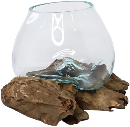 GamalFlow Medium Melted Glass Bowl On Wood Base, Perfect Terrarium or Planter, Brown, About 8" Wide