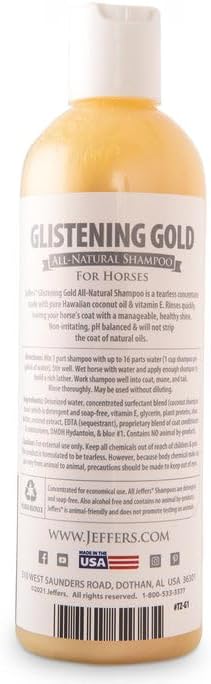 Jeffers Equine Glistening Gold Horse Shampoo, 16 oz –All Natural Tearless Shampoo for Horses, Moisturizing with Vitamin E & Coconut Oil, Best for Shiny Coat & Sensitive Skin, Detergent Free
