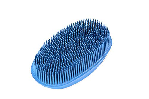 Grewal Equestrian Oval Face Grooming & Bathing Curry Brush for Horses, Dogs, Cats, & Other Pets - Very Soft Bristles (Pacific Blue)