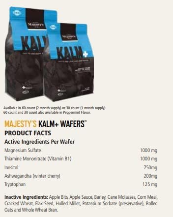 Majesty's Kalm Wafers - Supports Horse / Equine Balanced Behavior and Normal Nervous System Function - Tryptophan, Vitamin B1, Winter Cherry, Inositol - 30 Count (1 Month Supply)