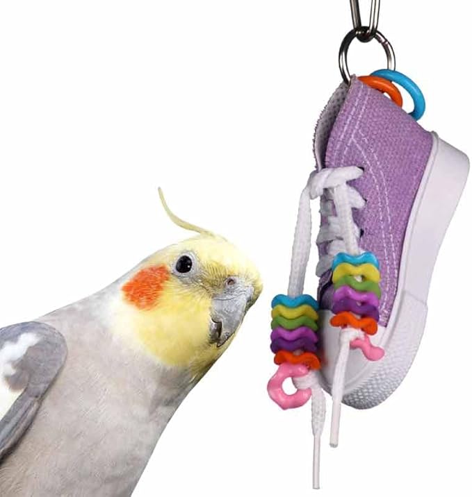 Super Bird Creations SB719 Beaker Sneaker Bird Toy for Parrotlets, Parakeets, Cockatiels, Lovebirds, ringnecks, Medium Conures - Mini Colorful Canvas Sneaker - Small/Medium Bird Size, 6" x 2"