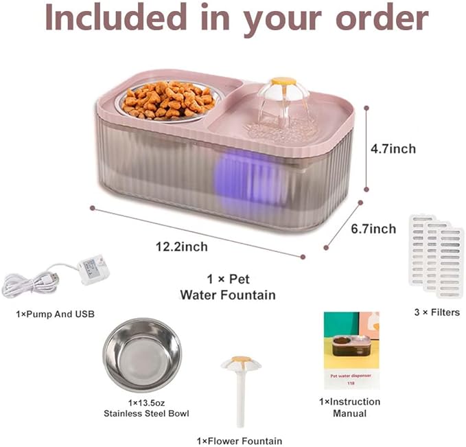 Marchul Cat Water Fountain and Stainless Steel Food Bowl, 100oz/3L Super Quiet Automatic Pet Water Dispenser with Smart Pump and 3 Replacement Filters for Cats and Small Dogs, Pink