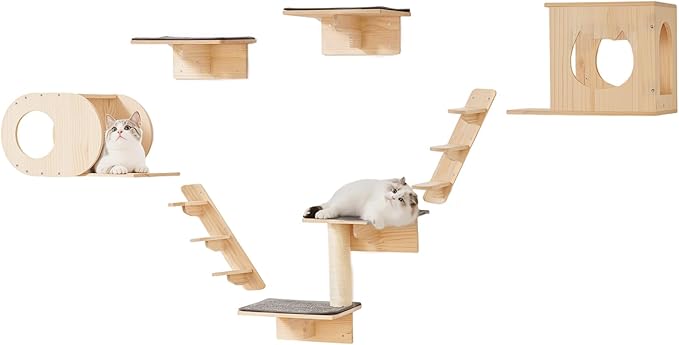 VEVOR Wall Mounted Cat Shelves and Perches with Jumping Boards, Cat Beds, Hammocks & Tree, Up to 40 lbs for Sleeping, Playing, Climbing - Set of 7