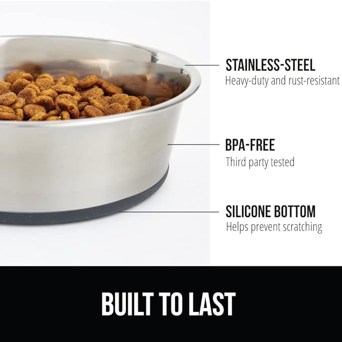 GORILLA GRIP Set of 2 Dog Bowls, Holds 8 Cups (64 fl oz), Heavy Duty Metal Food and Water Bowl for Feeding Dogs and Cats, Dishwasher Safe, Rust Resistant Stainless Steel, BPA Free Rubber Base, Gray