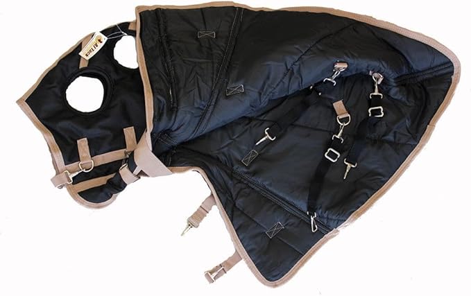 AJ Tack 1200D Waterproof Winter Horse Blanket with Hood - 400g Heavyweight Turnout with Fleece Collar, Shoulder Gussets & Tail Flap - Black 70"