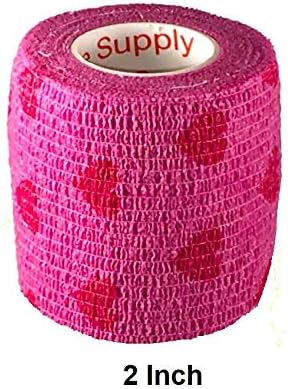 Vet Wrap Wrap Tape (Pink with Hearts) (2 Pack) (3 Inch x 15 feet) Self Adhesive Adherent Adhering Cohesive Flex Self Stick Bandage Grip Roll Dog Cat Pet Horse