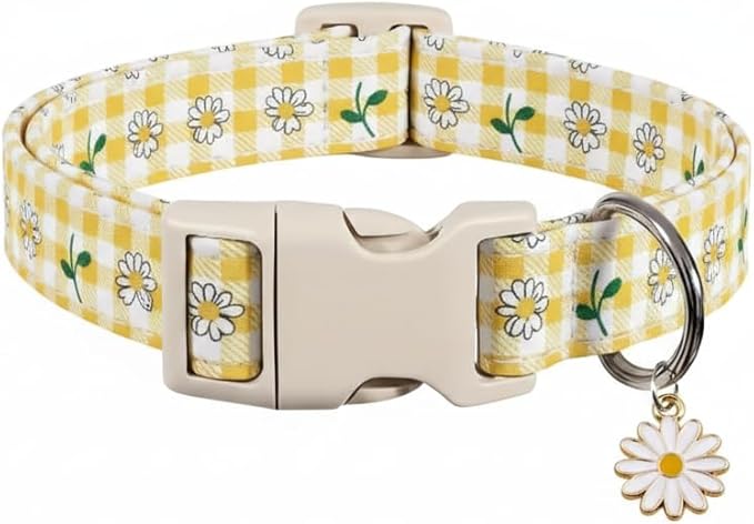 Cute Dog Collar, Yellow Plaid Dog Collar with White Floral Pattern, Spring Summer Design Floral Collar for Girls Boys Medium Dogs