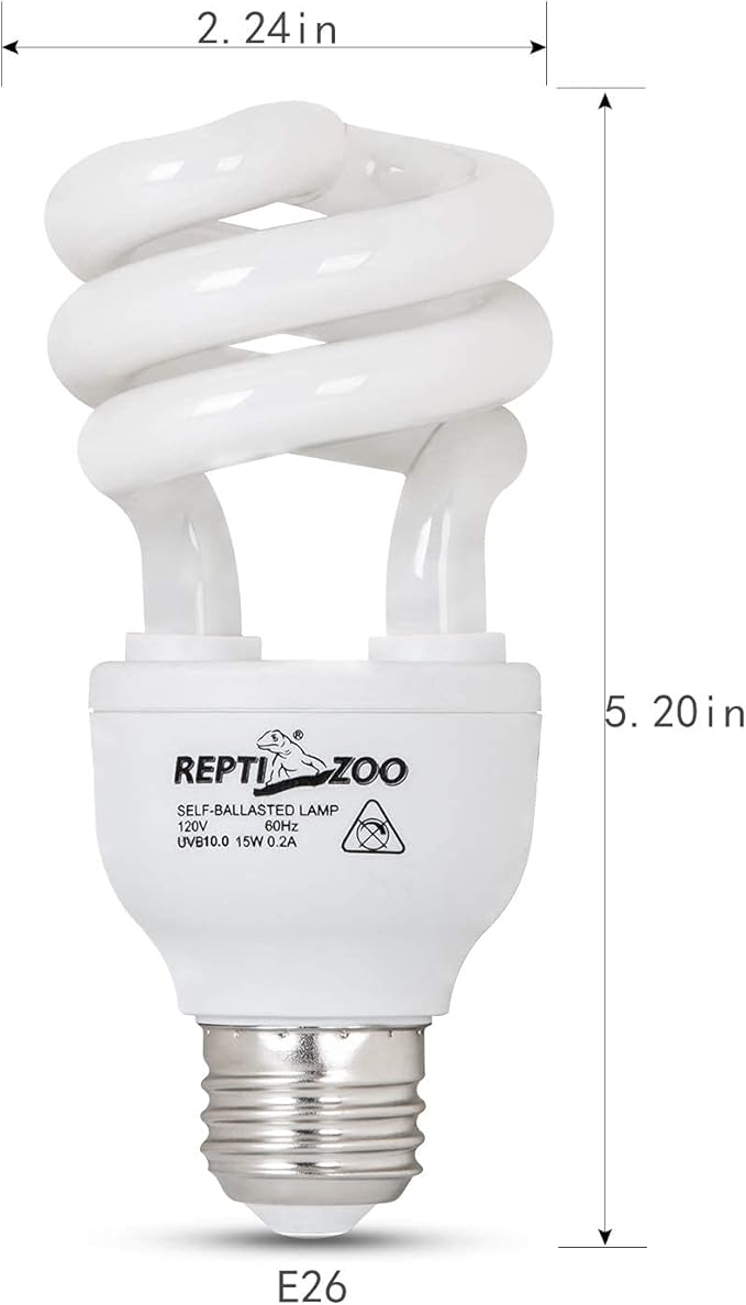 REPTI ZOO Energy Saving Lamps UVB Bulb Spiral Compact 15 Watts UVB 10.0 Reptile Light Bulb Fit for Desert Type Reptile/Snake/Lizard/Insect/Leopard Tortoise (Pack of 2)