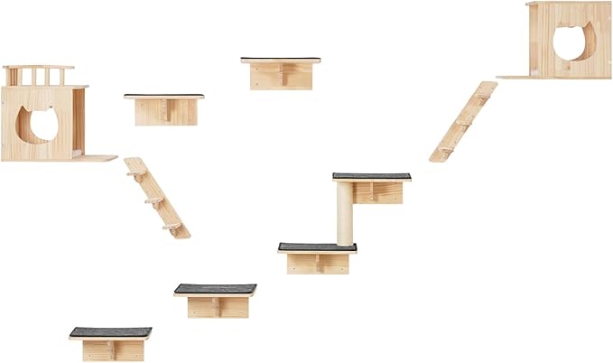VEVOR Wall Mounted Cat Shelves, Cat Wall Shelves and Perches with Jumping Boards, Cat Beds, Hammocks & Cat Tree, Cat Furniture and Shelves up to 40 lbs for Sleeping, Playing, Climbing, Set of 9