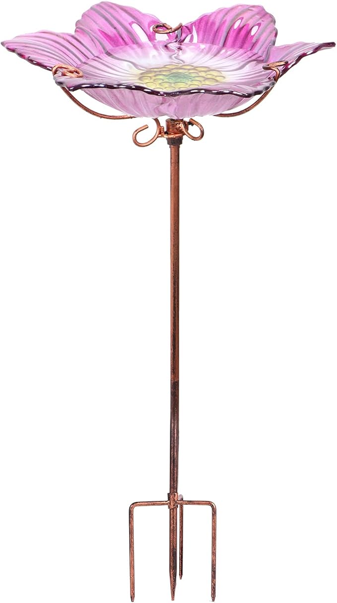 Outdoor Bird Bath Glass Birdbath Garden Birdfeeder with Metal Stake Pink(Height:26inch)