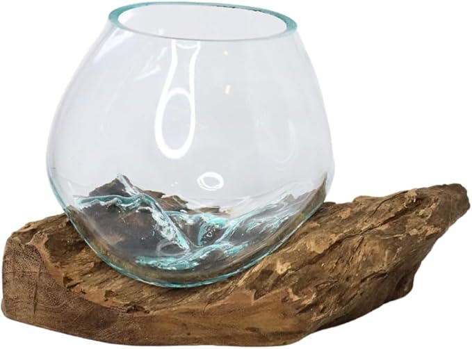GamalFlow Medium Melted Glass Bowl On Wood Base, Perfect Terrarium or Planter, Brown, About 8" Wide