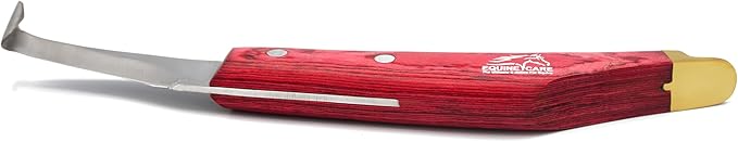 Equine Care Hoof Knife - J2 Japanese Steel Blade with Hoof Pick, Brass Topper Sheet Handle - Farrier Tool for Horse & Cow Hoof Care, Shoeing, Trimming, and Supplies. (Right-Handed)