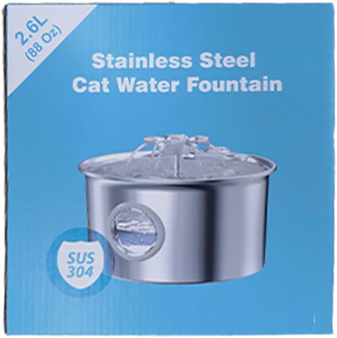 Cat Water Fountain Stainless Steel: 88oz/2.6L Pet Drinking Fountains with 6 Filters Water Bowl for Cats Inside with Flower Kitty Spout Dog Dispenser Animal Watering Supplies - Water Level Window