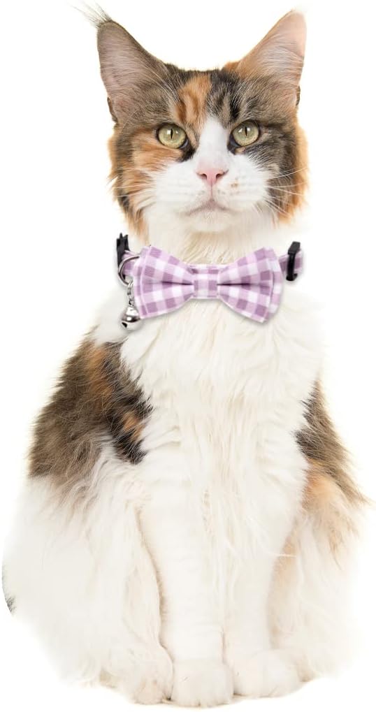 2 Pack/Set Cat Collar Breakaway with Cute Bow Tie and Bell Plaid Flower for Kitty Adjustable Safety
