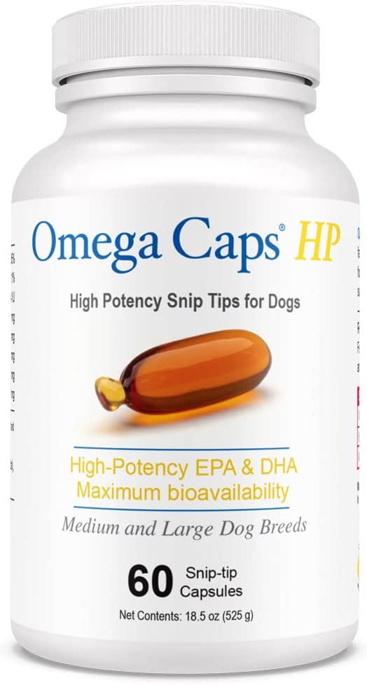 Omega Caps HP Snip Tips for Medium and Large Dogs High Potency EPA and DHA Maximum Bioavailability Fish Oil Supplement Vet Formulated Made in USA Skin Coat Joint and Heart Health 60 Capsules