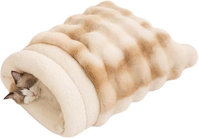 Self-Warming Cat Sleeping Bag, Enclosed Hooded Snuggle Sack with Dual-Side Plush Cat Cave Bed, Portable Foldable Pet Sleeping Pod for Indoor & Travel, Anti-Static, 21.7"x17.7"Beige