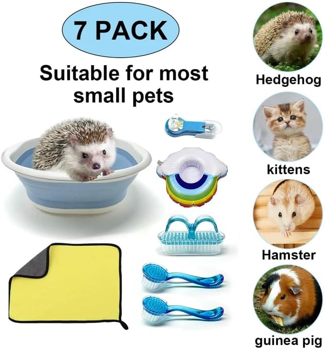 7 Pcs Hedgehog Bath Supplies Kit, Small Animal Bath Supplies Include Bathtub, Nail Clippers, Cleaning Brushes, Towel, Swim Ring for Pet Hamster Hedgehog Guinea Pig Rabbit Cat Kitten