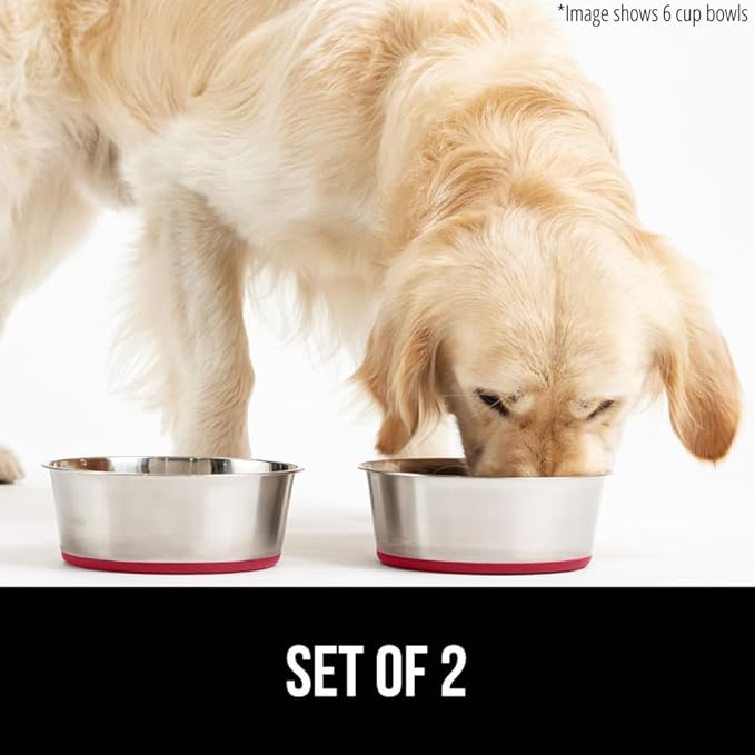 GORILLA GRIP Dog Bowls, Holds 1 Cup Each (8 fl oz), Heavy Duty Stainless Steel Food and Water Bowl for Feeding Dogs and Cats, Dishwasher Safe, Rust Resistant Metal, BPA Free Rubber Base, Set of 2 Red