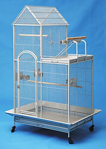 Extra Large Parrot Bird Wrought Iron Rolling Cage with Play Stand Perch Ground with Seed Guard (36" x 26" x 60"H, Egg Shell White)