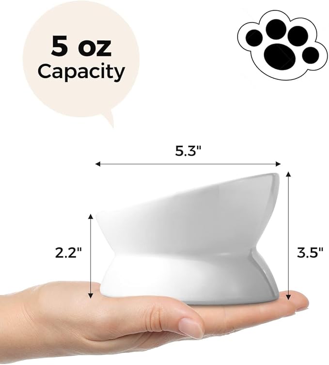 LoeJan Elevated Cat Food Bowl, 5 Oz Ceramic Raised and Tilted Water Bowl, Anti Vomiting and Protect Pets' Spines Dishes for Small Dog, Fat Faced Cat, Kitten (White, 4 Pack)
